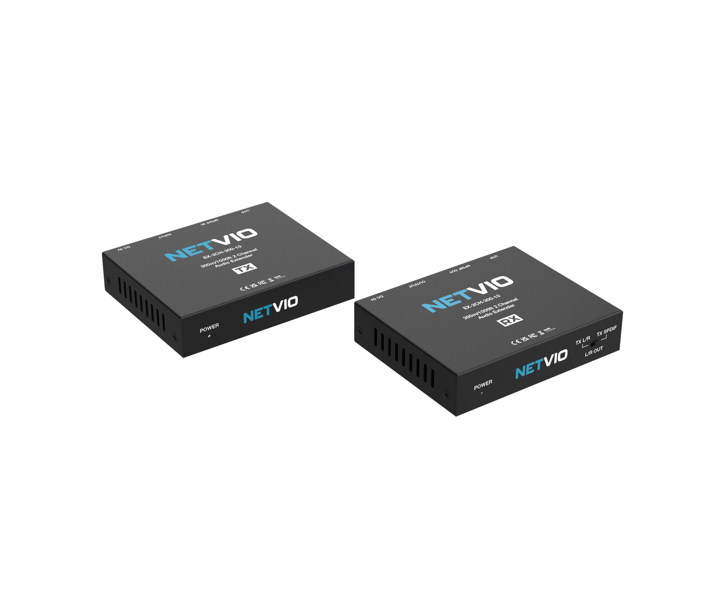 Netvio EX-2CH-300-10 | 300m 2-Channel Audio Extender with Built-in DAC & PoC