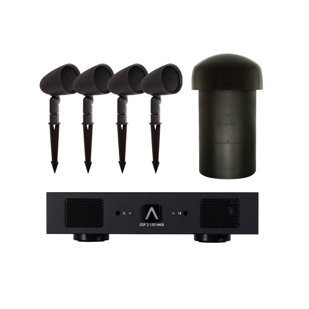 Sonance Premium 4.1 Outdoor Bundle With Amplifier, Subwoofer, Satellite Speakers and Ground Spikes: SET