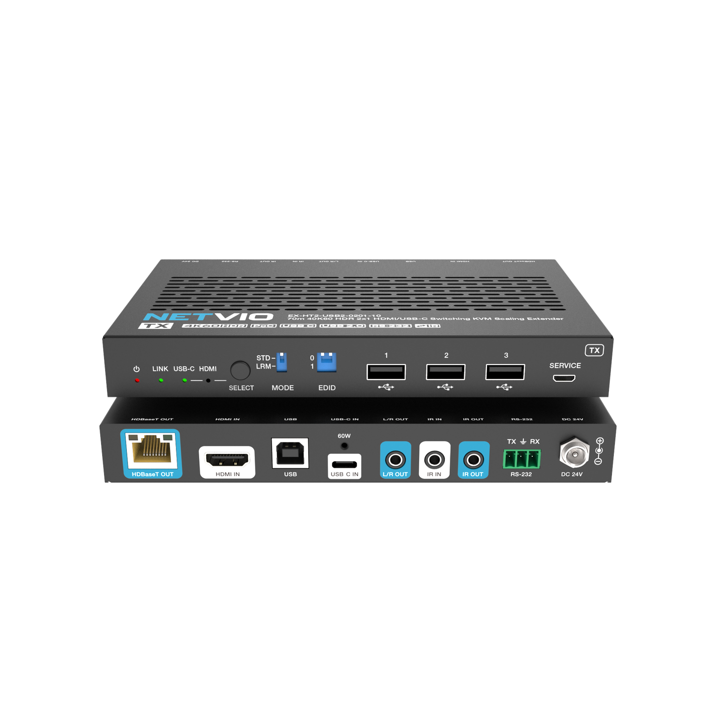 Netvio EX-HT2-USB2-0201-10 | 70m 4K60 HDMI & USB-C Extender with USB 2.0, PoC & 60W Charging