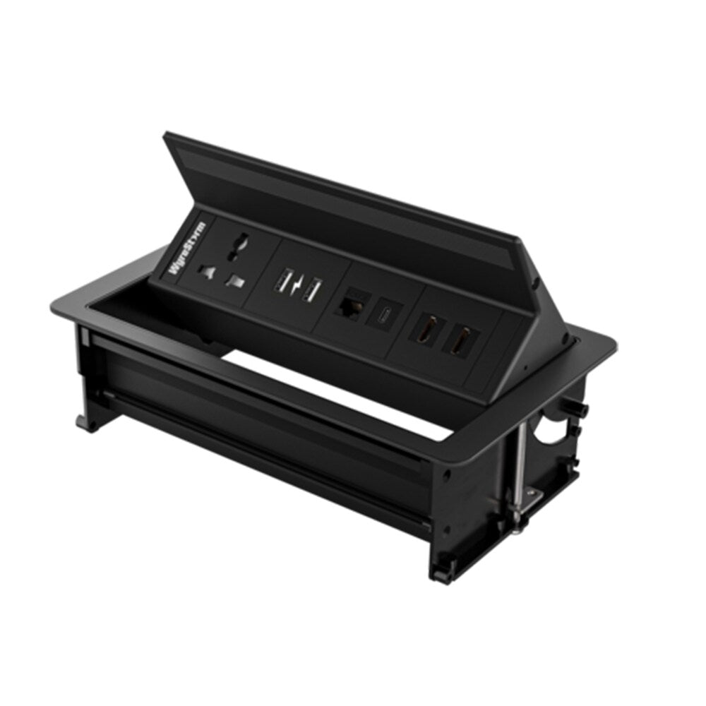 WyreStorm Flip Up In Desk Box With 2 HDMI, USBC, RJ45 and USB Charging  1